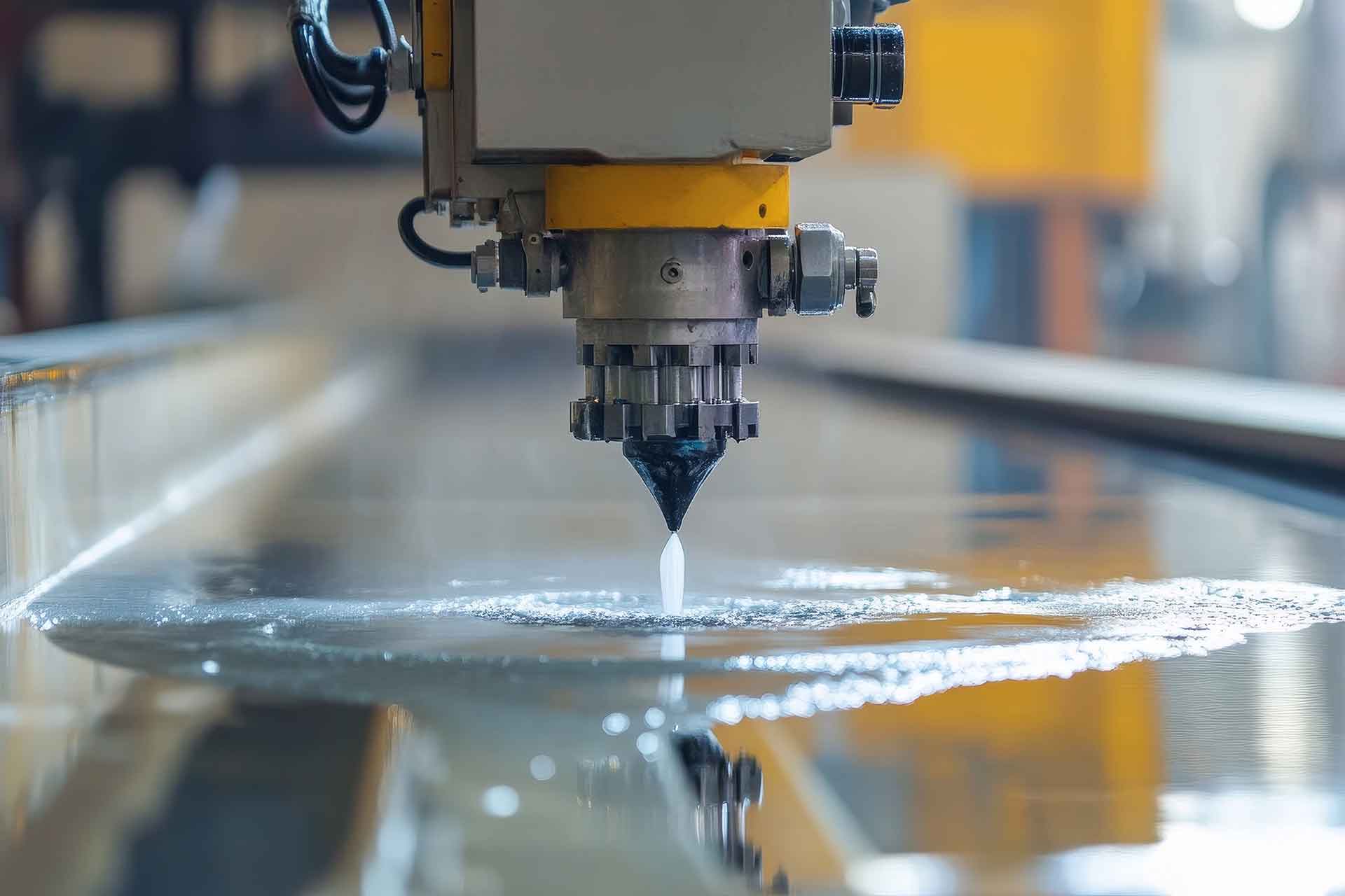 Industrial waterjet cutting machine in action, cutting sheet metal with ultra-high-pressure water at SendCutBend's UK facility
